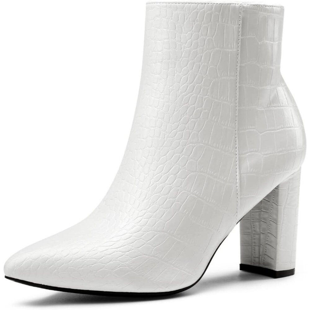 Dream Pairs Women's White/Stone Pointed Toe Fur Lining Block Heel Ankle Booties